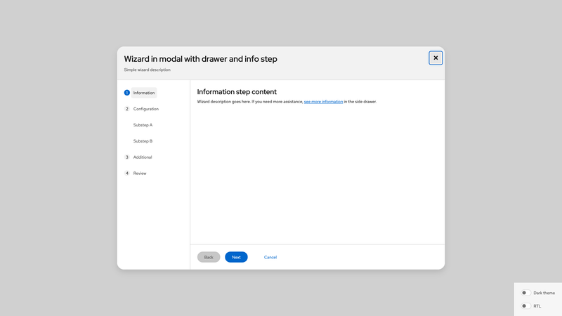 In modal, with drawer and informational step screenshot